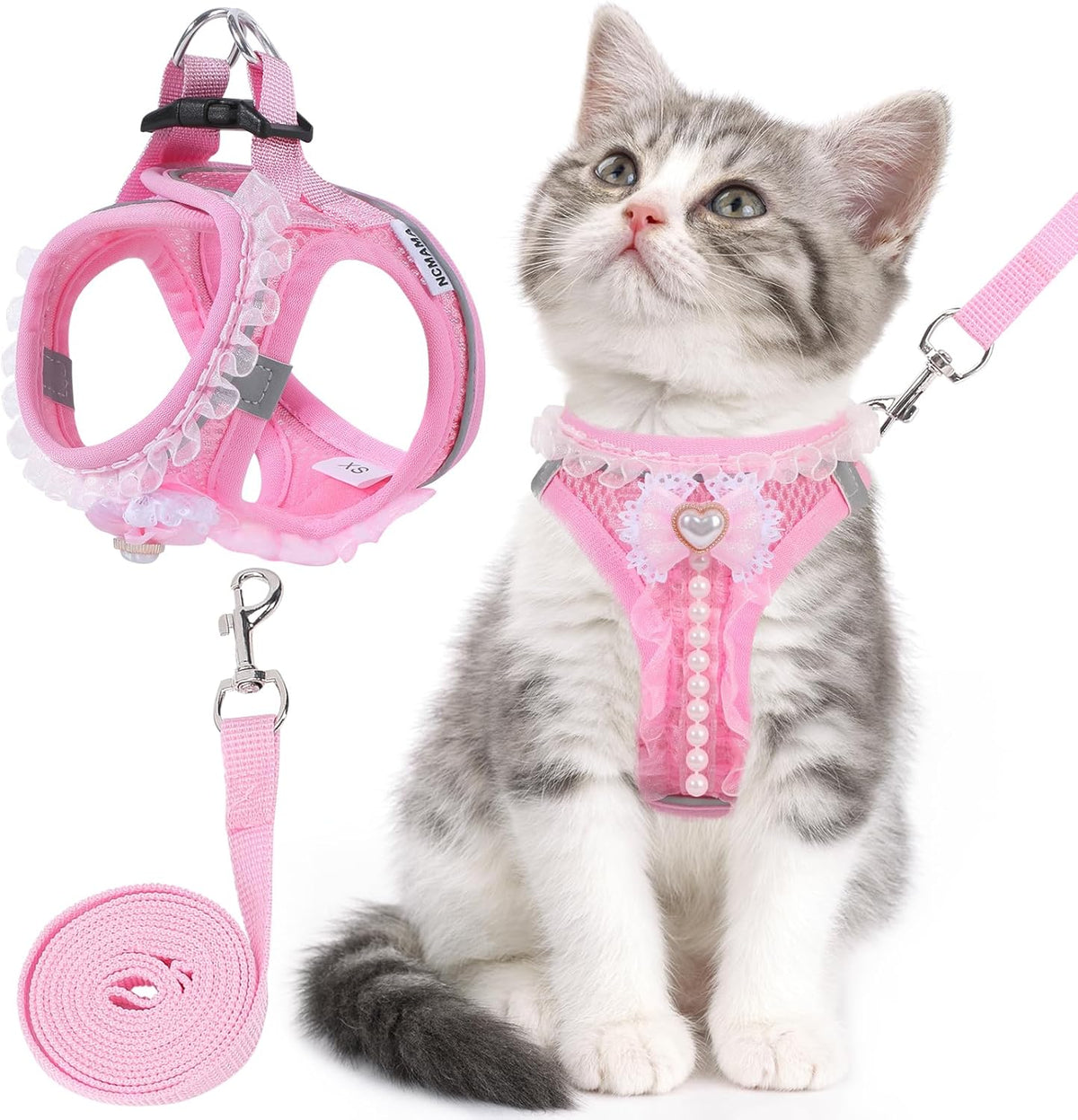 NCMAMA cat harness and leash set front view with pink bow decoration
