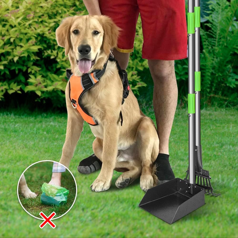 Ergonomic long handle pet scooper set standing upright on concrete surface