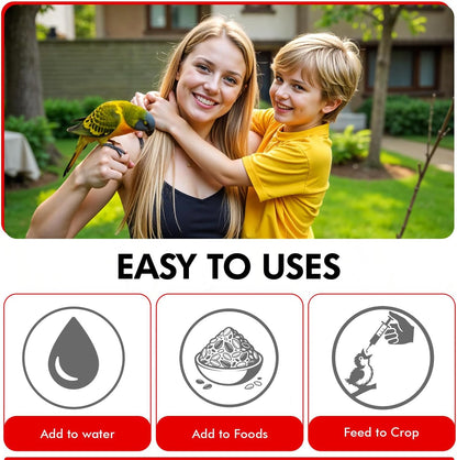 Liquid formula mixed into clean drinking water for pet parrots and cockatiels