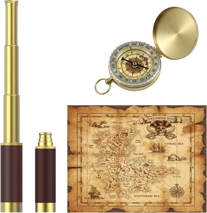 SSZS pirate monocular telescope set front view featuring the extended brass spyglass and antique compass