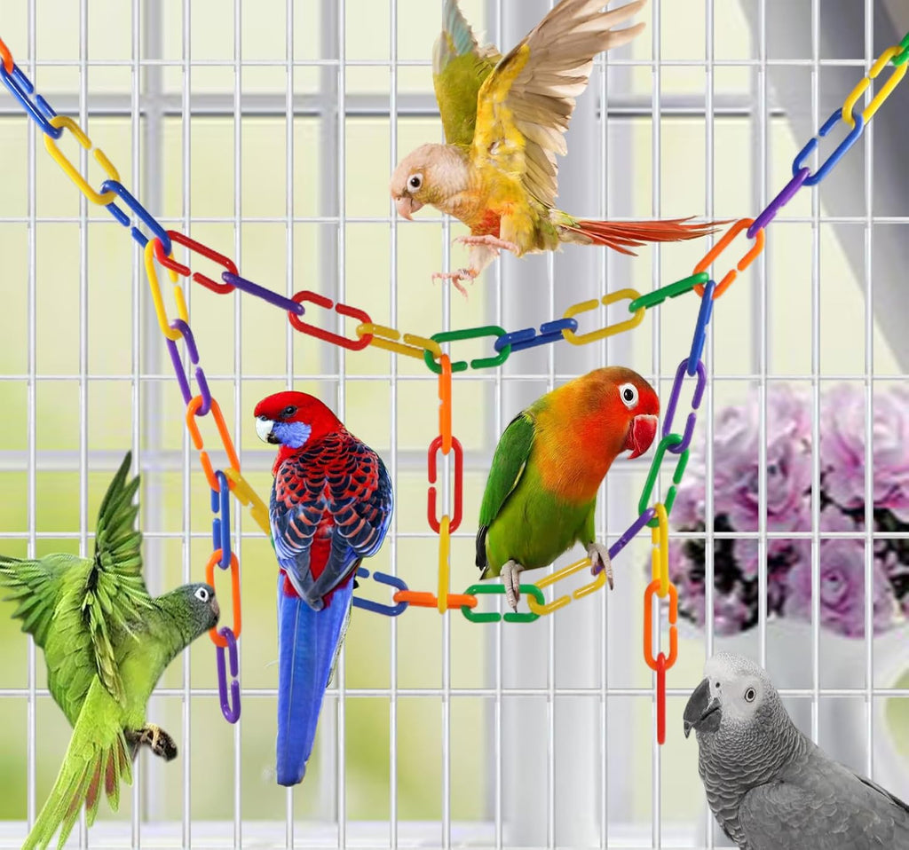 Sugar glider climbing on a custom rainbow plastic chain structure