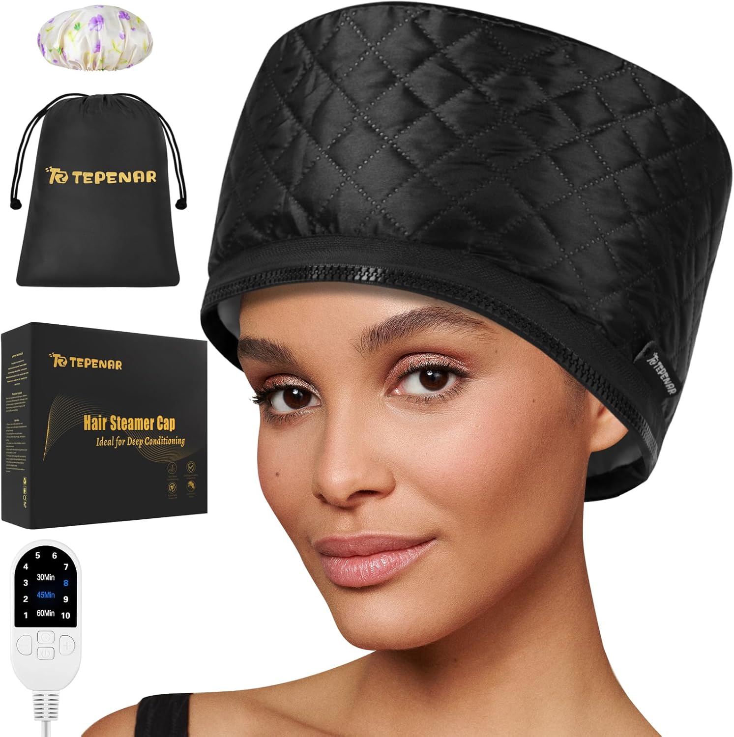Bilinavy hair steamer for deep conditioning front view showing the premium black thermal heat cap with its attached digital temperature controller