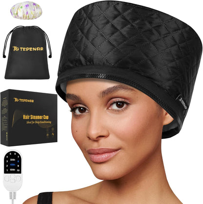 Bilinavy hair steamer for deep conditioning front view showing the premium black thermal heat cap with its attached digital temperature controller