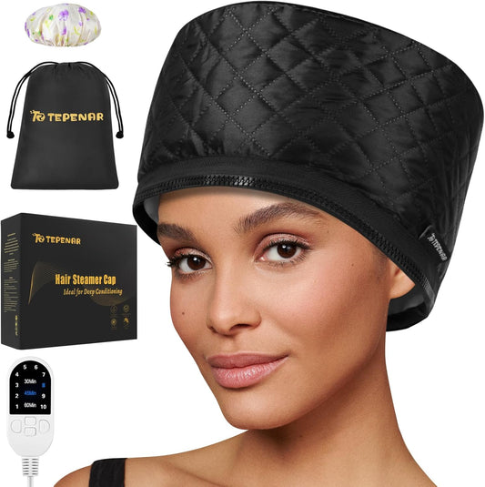 Bilinavy hair steamer for deep conditioning front view showing the premium black thermal heat cap with its attached digital temperature controller