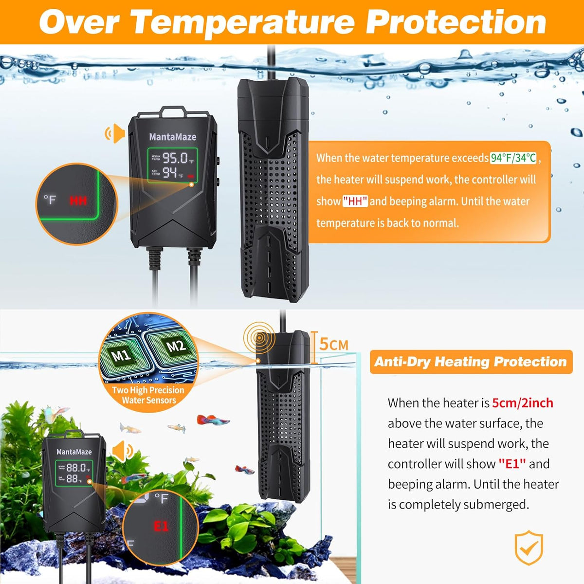 Close up of MantaMaze fish tank heater protective glass guard