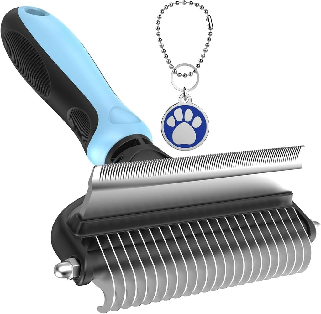 Goodscious 2-in-1 pet grooming tool front view showing dual-head stainless steel teeth for professional dog and cat deshedding.
