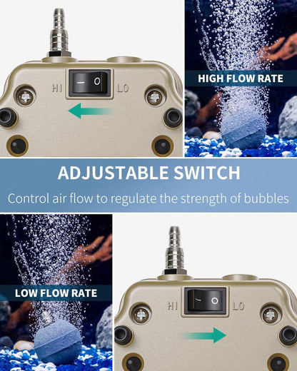 Pawfly quiet fish tank bubbler demonstrating the multi-port air flow control lever valve splitter connection