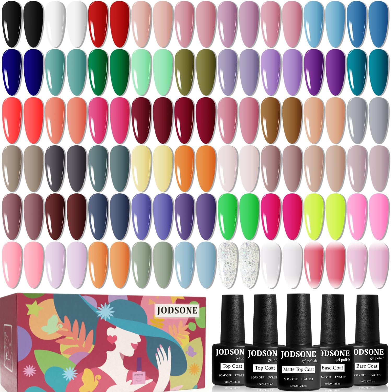 JODSONE 60 Pieces Gel Nail Polish Set front packaging display showing multiple colorful bottles and top coats.