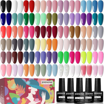 JODSONE 60 Pieces Gel Nail Polish Set front packaging display showing multiple colorful bottles and top coats.