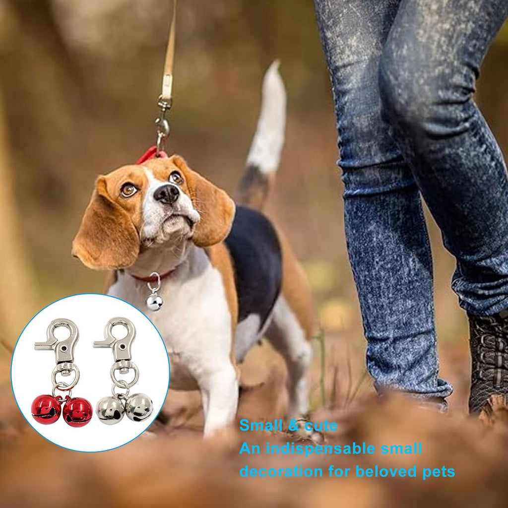 Two pieces of Waziaqoc pet jingle bells showing the silver and red color options for cat necklaces.