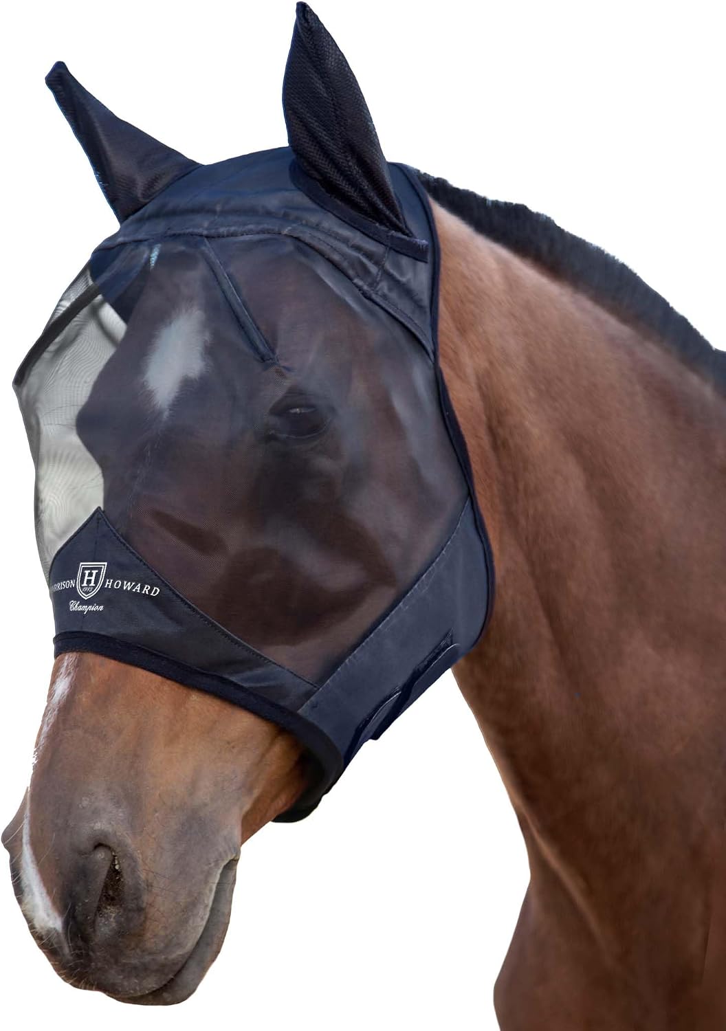 Side profile of Harrison Howard CareMaster horse fly mask with ears