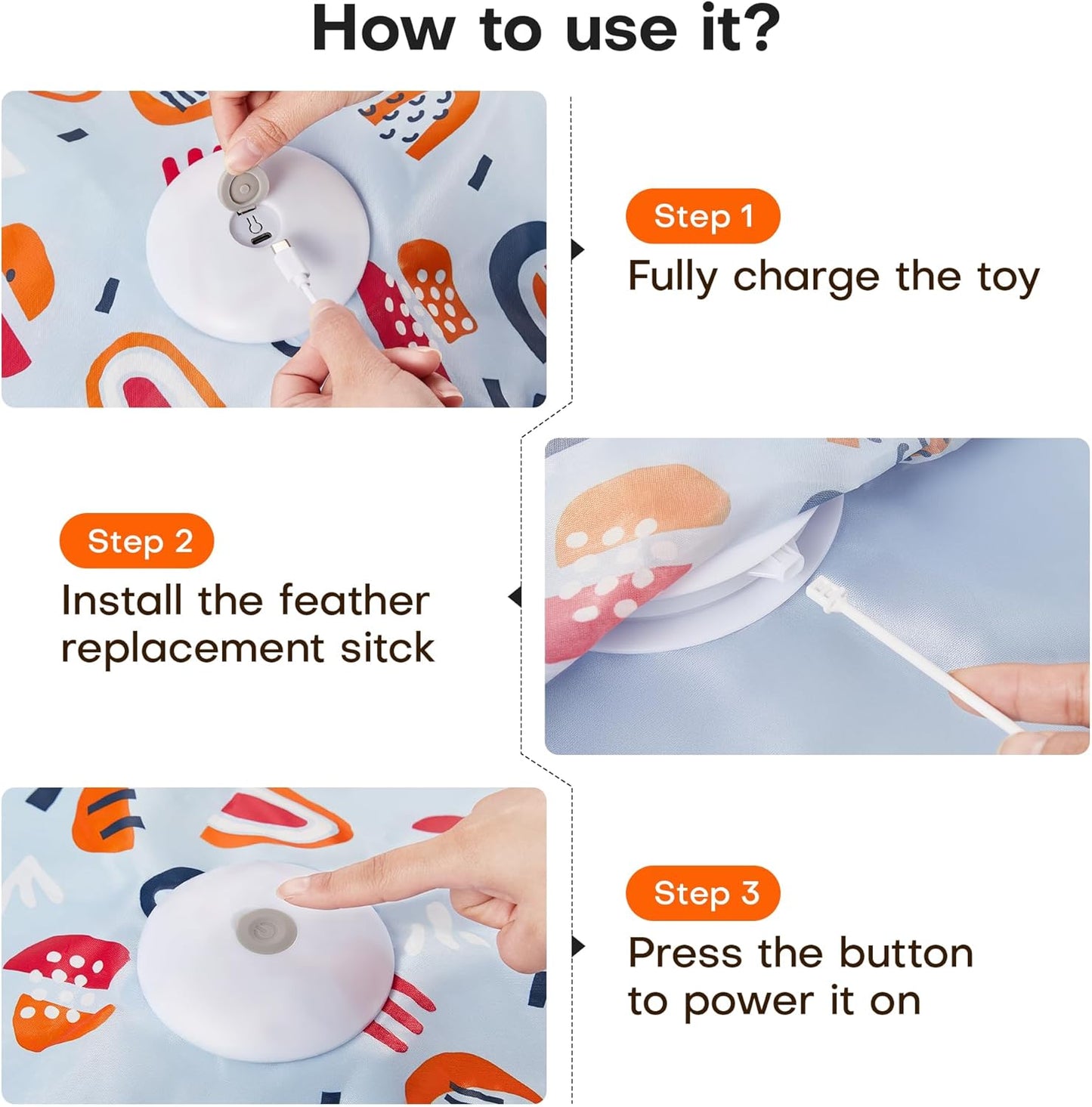 Interactive motion activated feline play device with three speed setting buttons.