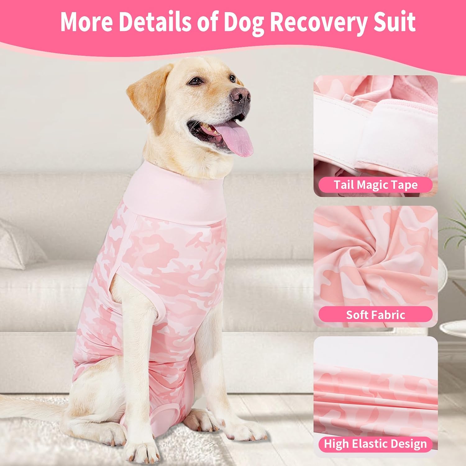 Side view of female dog in breathable spay surgery suit