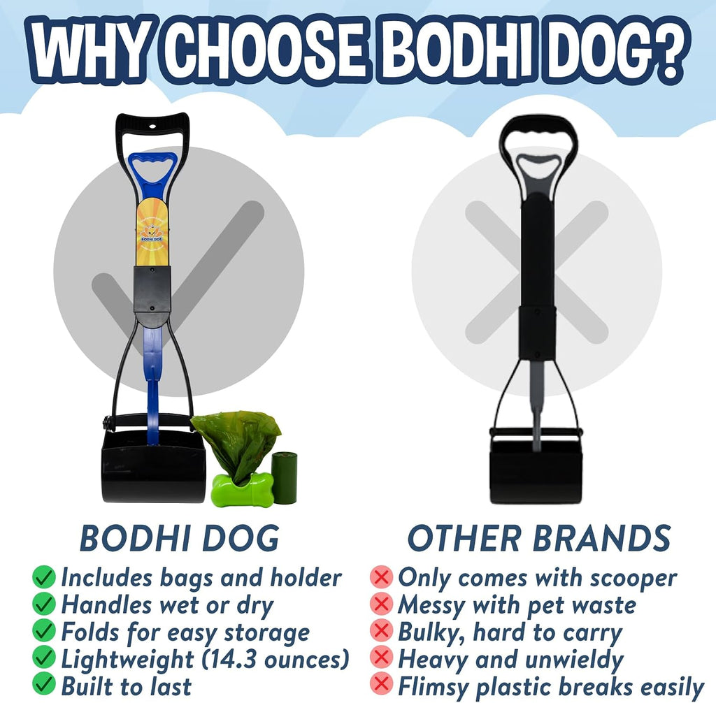 Bodhi Dog twenty four inch pooper scooper with leak proof waste bags on grass.