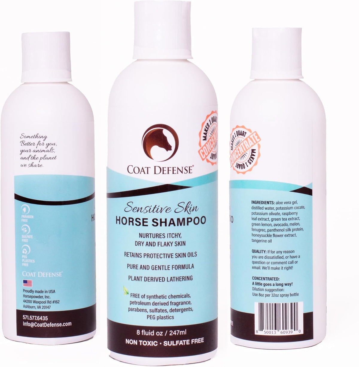 Close up of Coat Defense concentrated aloe-based horse shampoo
