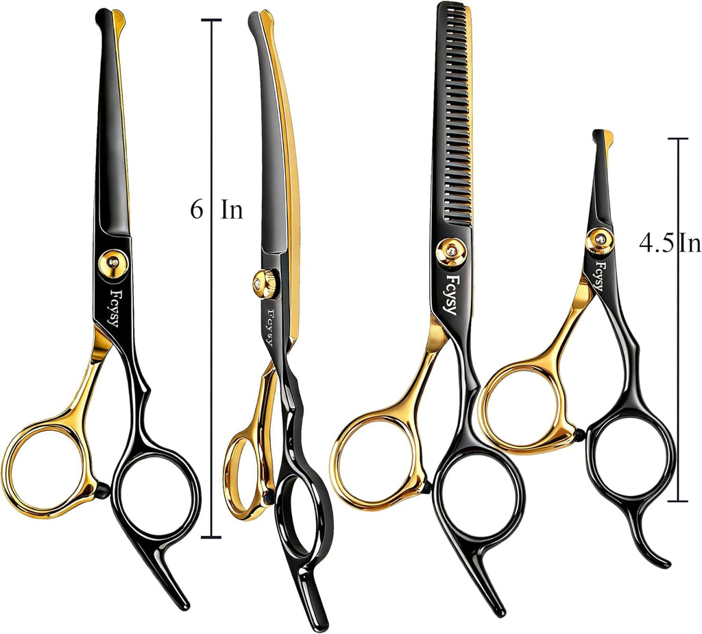 Fcysy pet shears kit with black and gold finished blades arranged neatly.