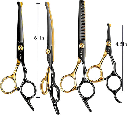 Fcysy pet shears kit with black and gold finished blades arranged neatly.