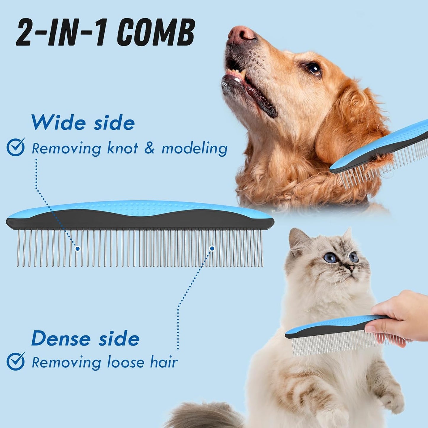 Docrok metal comb for dogs highlighting the varying tooth spacing for delicate area detangling