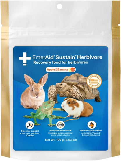 EMERAID Sustain Herbivore 100 grams front view of the packaging showcasing apple and banana flavor recovery food for small pets