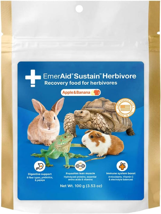 EMERAID Sustain Herbivore 100 grams front view of the packaging showcasing apple and banana flavor recovery food for small pets