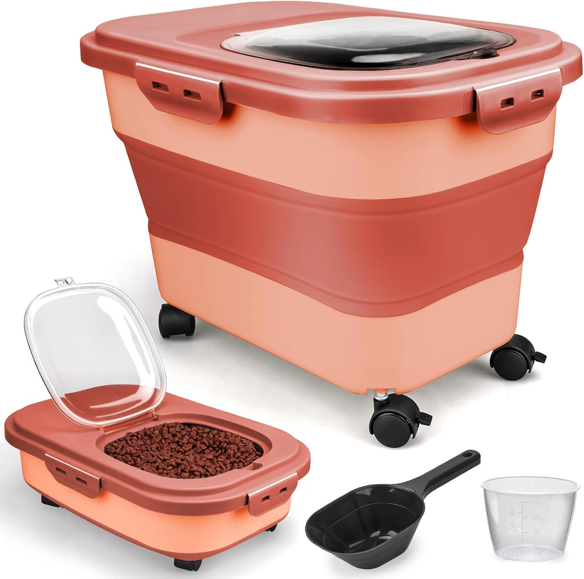 Viretec airtight pet food bin placed neatly inside a home kitchen pantry cabinet setup.