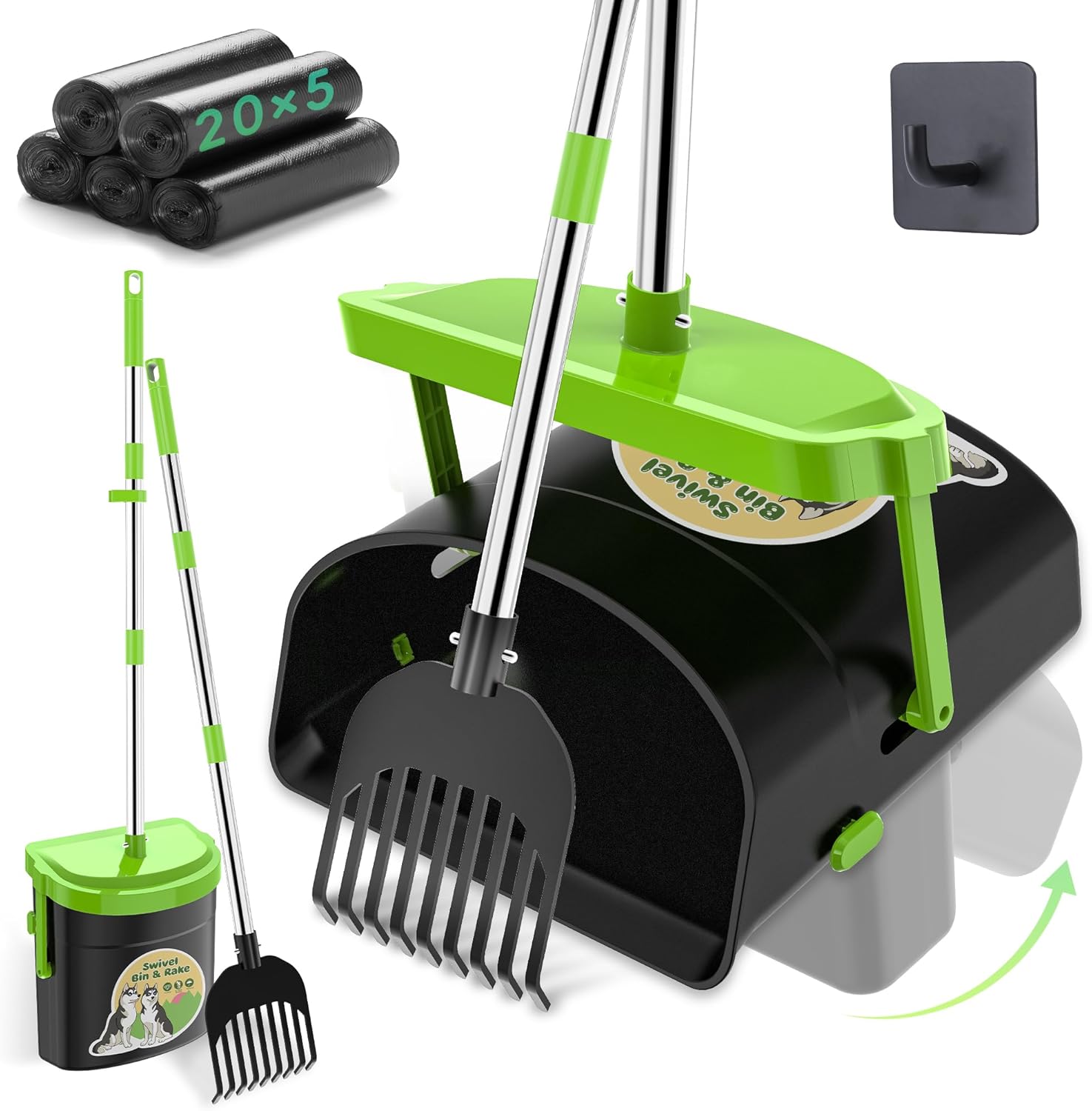 UPSKY Dog Pooper Scooper Swivel Bin and Rake Kit front view for outdoor pet waste cleanup