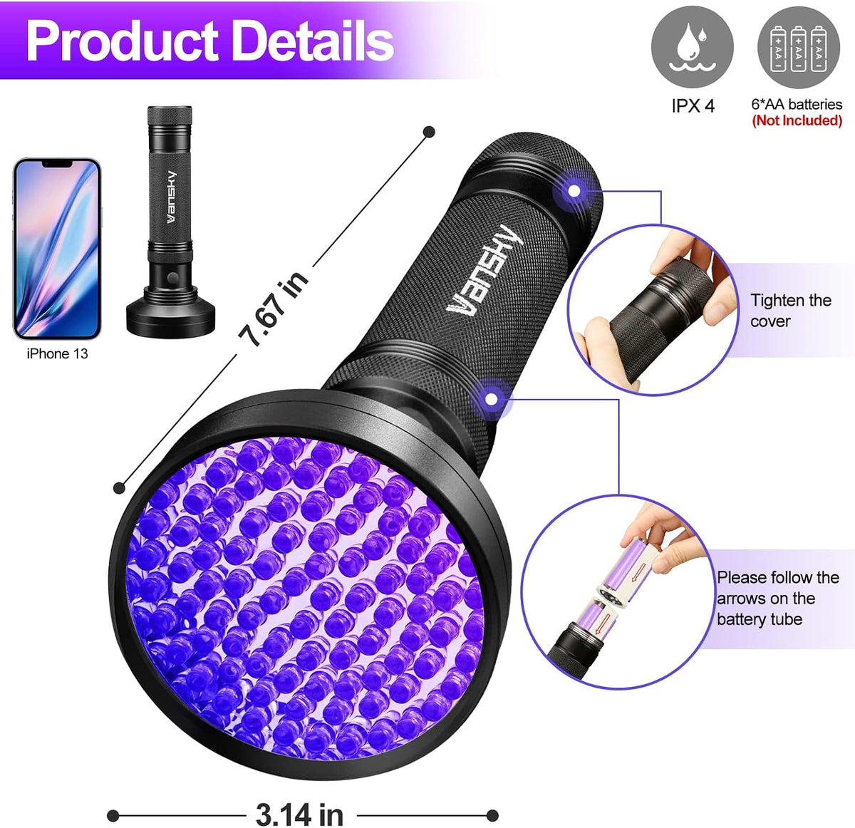 Vansky multi functional blacklight verifying official identification cards and currency authenticity.
