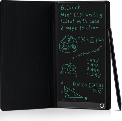 STTSWT LCD writing tablet front view displaying green digital mathematical notes and a Venn diagram inside its open leather case.