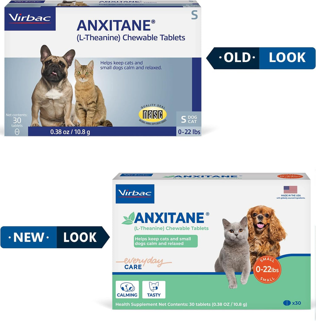 Virbac Anxitane L-Theanine supplement side label showcasing ingredients and dosage information