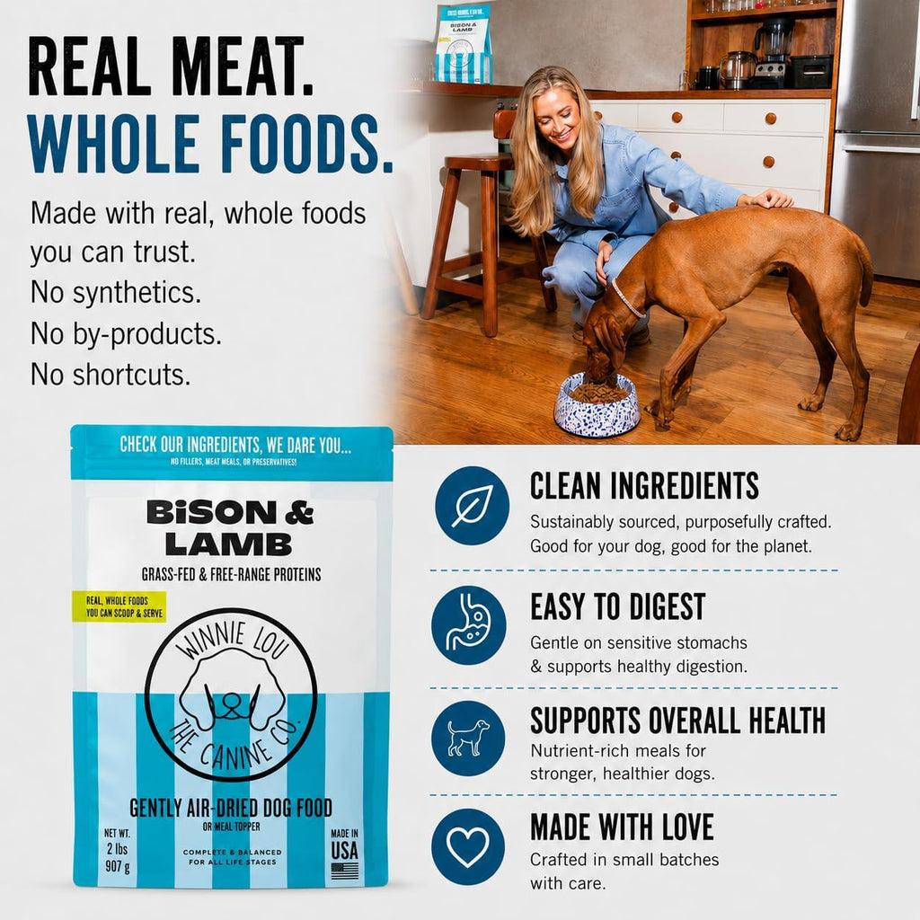 Winnie Lou synthetic free dog food bag detailing natural whole food ingredients for all life stages.