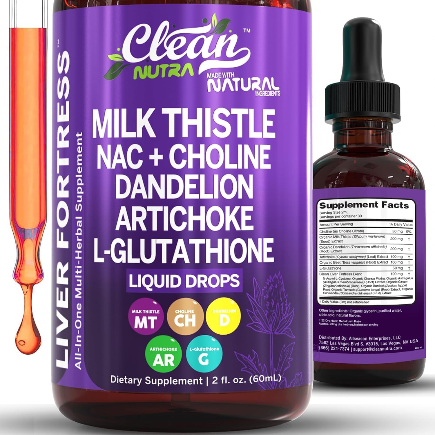 Clean Nutraceuticals Milk Thistle NAC Liver Cleanse front view bottle showing liquid dropper for liver support.