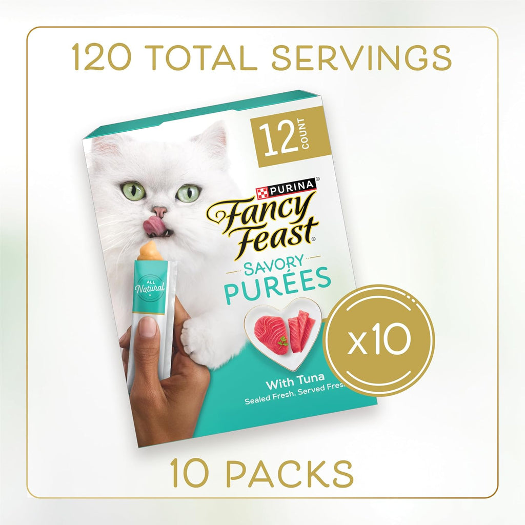 Close up of Fancy Feast tuna puree cat treat packaging