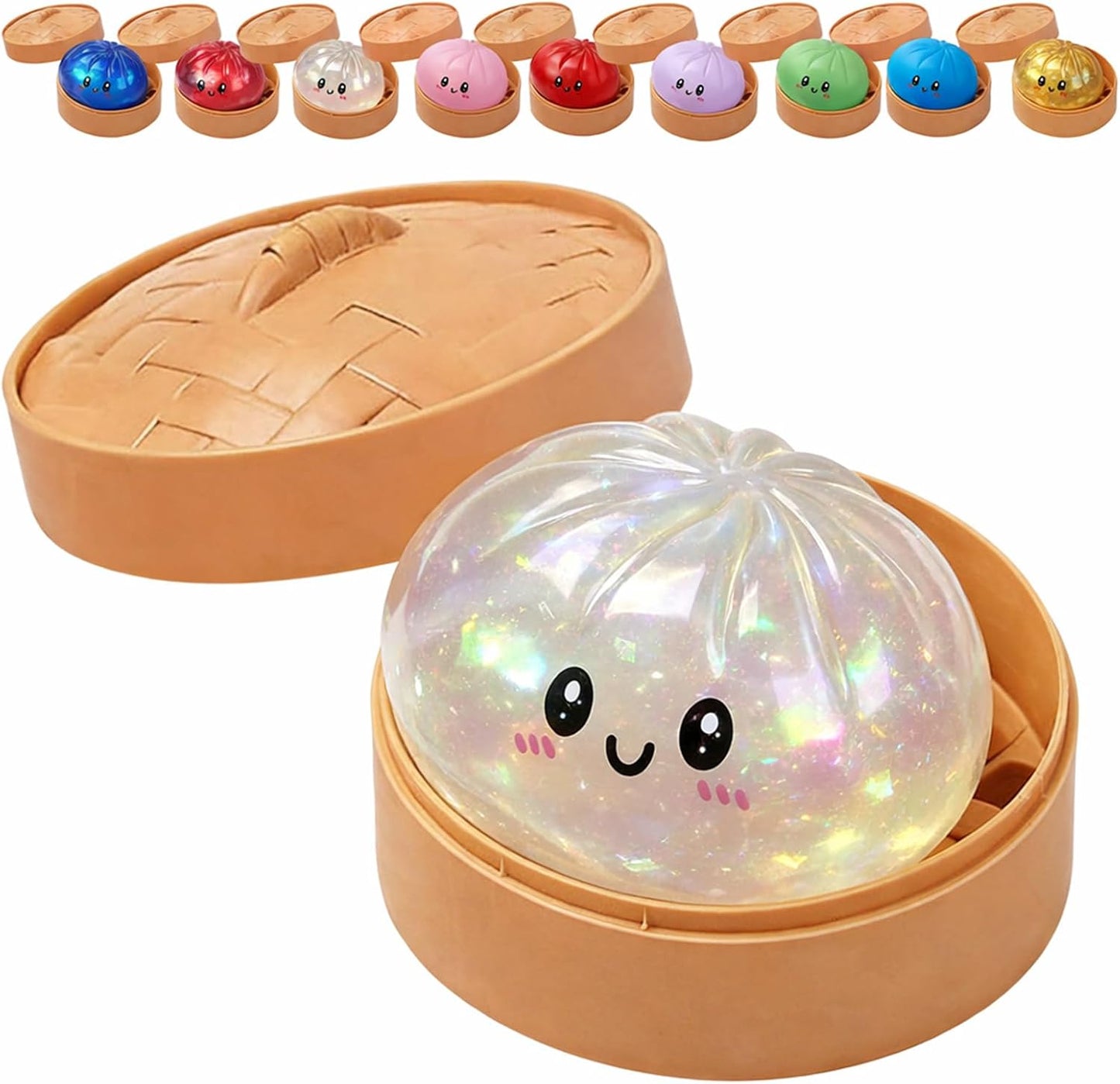 Koconh Glitter Dumpling Squishy front view inside its decorative steamer box basket.