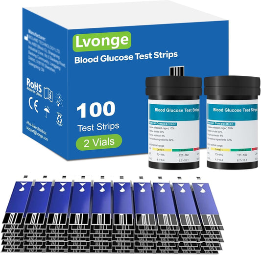Lvonge blood glucose test strips front view of packaging and storage vials for home diabetes testing