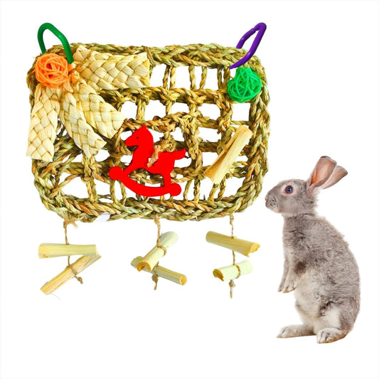 XLpeixin rabbits chew toy hanging cage arrangement front view showing natural textures.