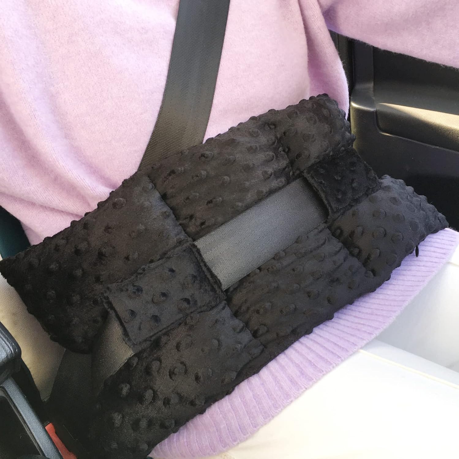 BNRendles Ostomy Seatbelt Pillow front view black minky dot fabric