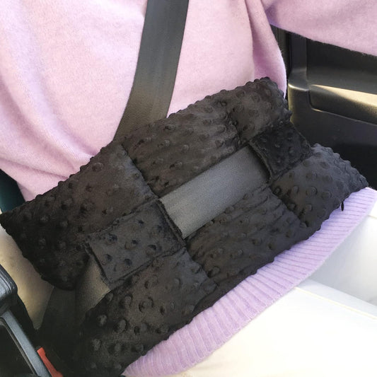 BNRendles Ostomy Seatbelt Pillow front view black minky dot fabric