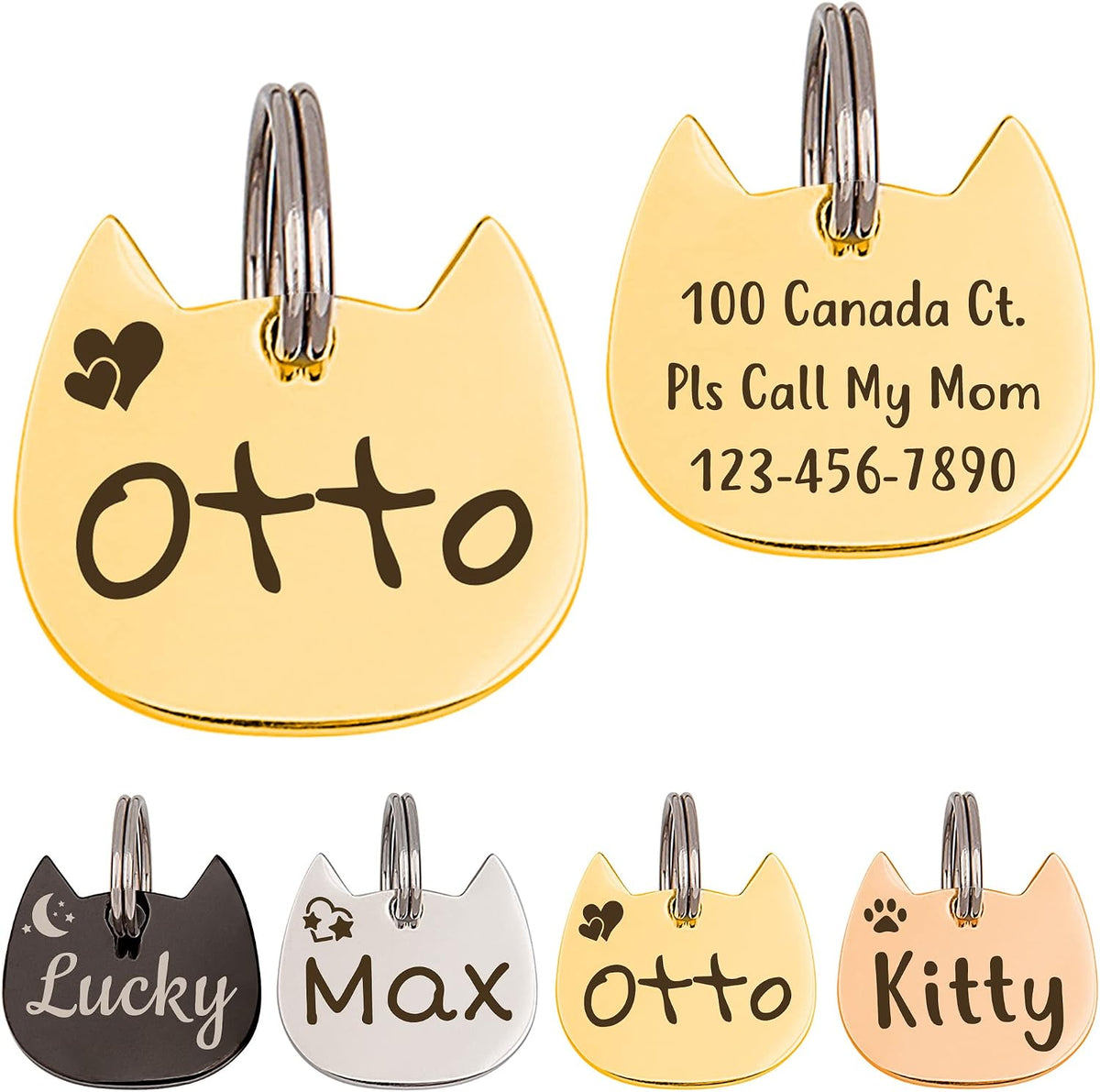 Anavia Cat Head & Fish Shape Pet ID Tags, Personalized Funny Icon Design Cat Name Tag, Customized Gold Plated Glossy Stainless Steel Black Rainbow Cat Dog Collar Tag (Small, Cat Head Shape, Silver) - Image 13
