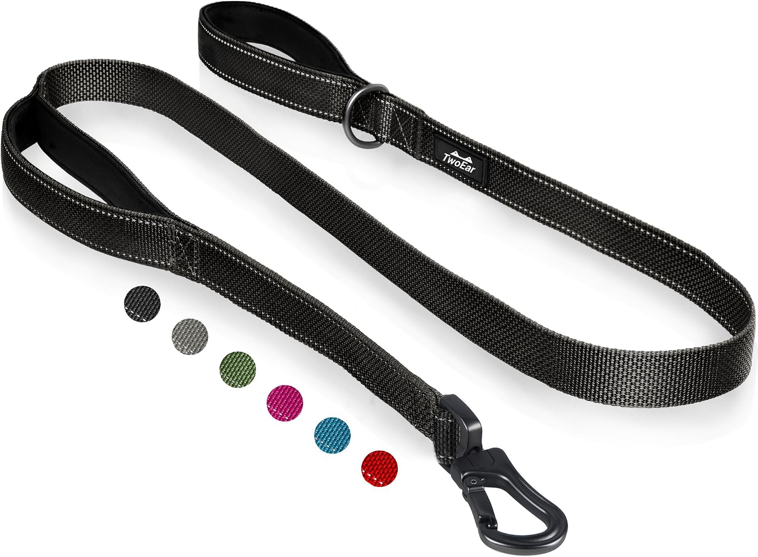 TwoEar Heavy Duty Dual Handle Dog Leash black front view showcasing the full six feet length.