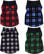 Four piece set of Rbenxia pet fleece vests in red green blue and grey plaid patterns.