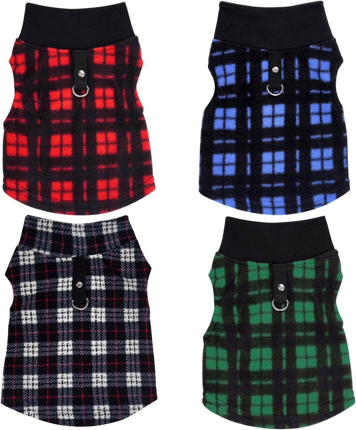 Four piece set of Rbenxia pet fleece vests in red green blue and grey plaid patterns.