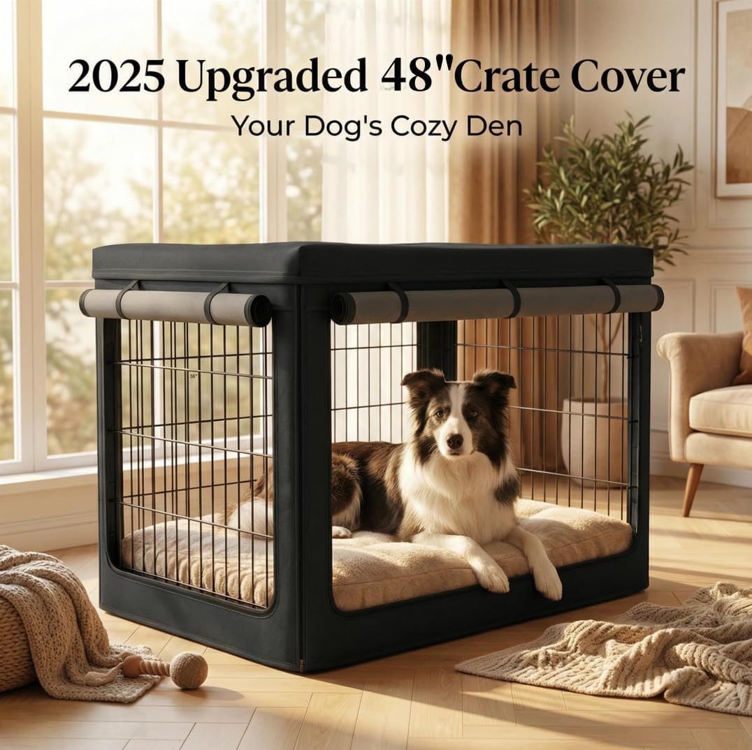 Geheng large dog kennel cover side view with zippered access open for feeding.