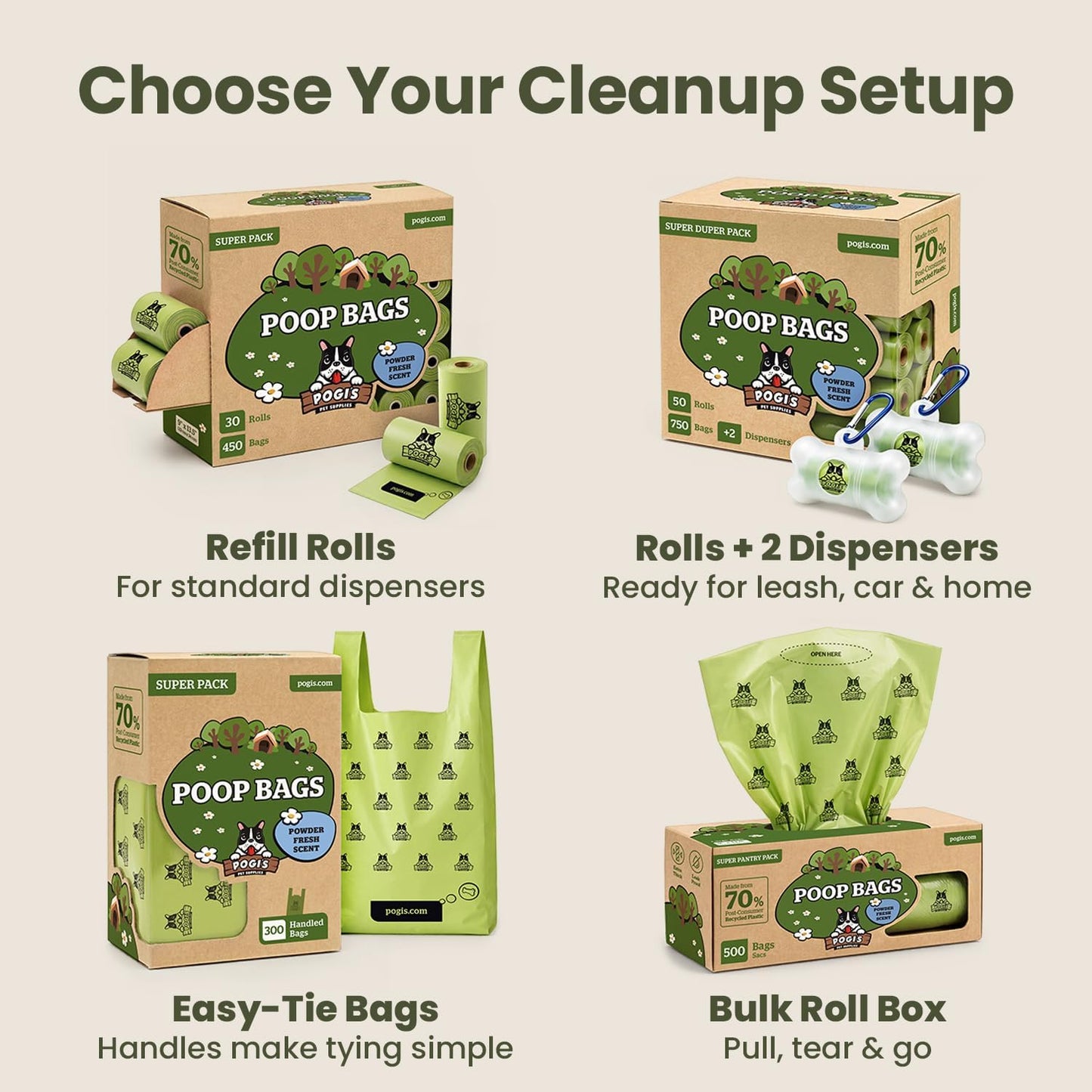 Green colored handled waste bags for clean pet walks