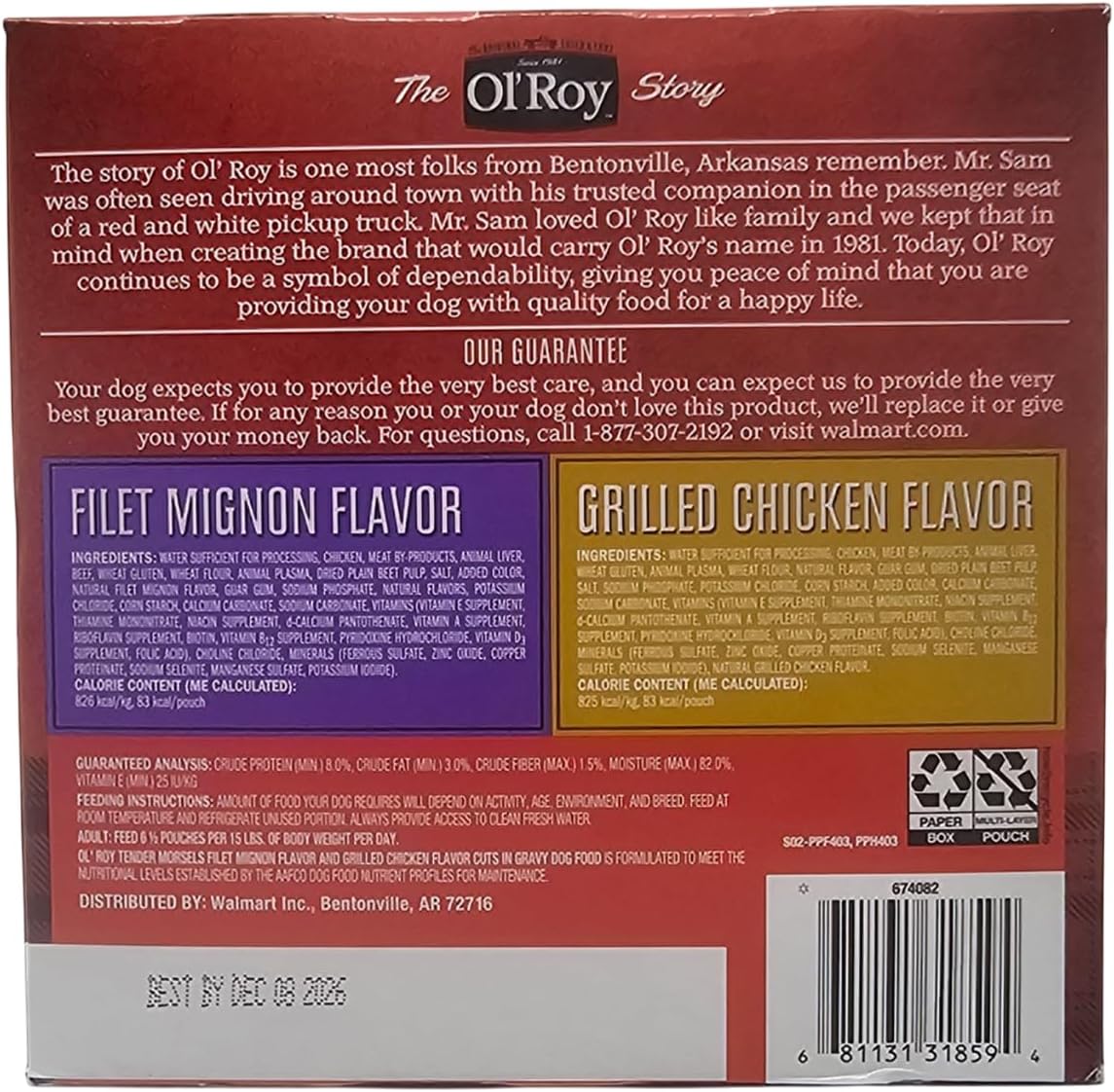 Premium adult wet dog food variety pack by Ol' Roy back labeling information