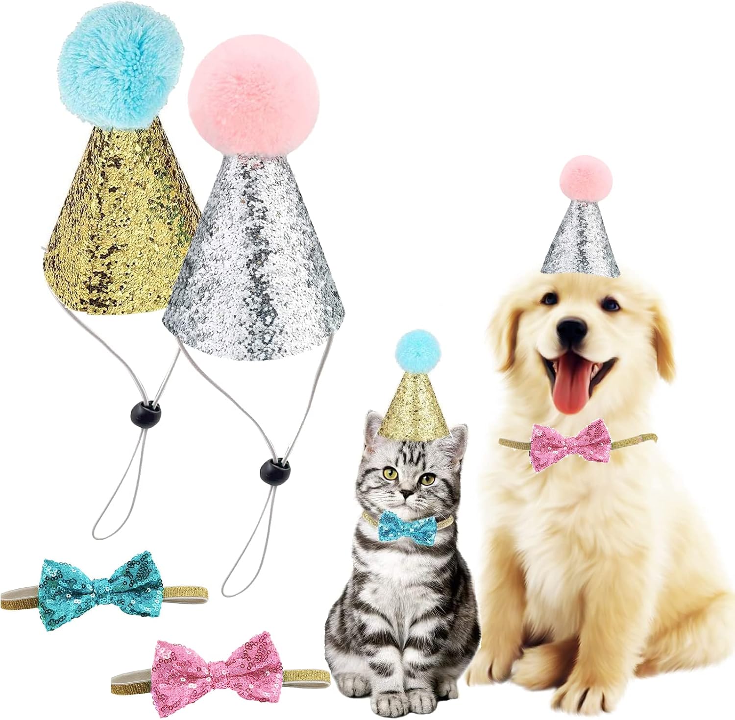 Christmas Pet Party Jazz Hat and Blingbling Bow Tie Breakaway Collar Set, Adjustable Headband for Kitten Puppy Small Dogs Cats (01 Light Blue) - Image 10