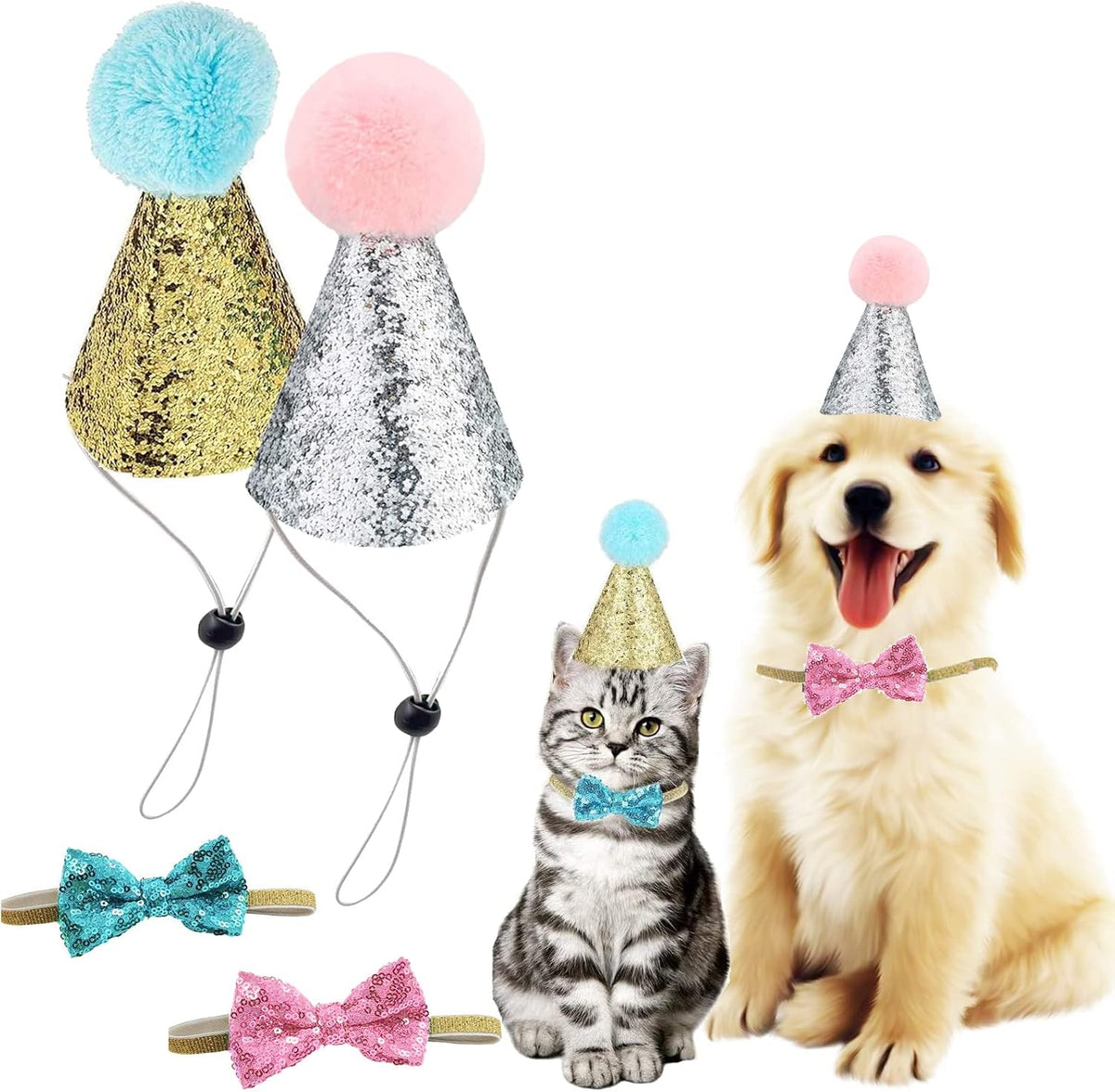 Christmas Pet Party Jazz Hat and Blingbling Bow Tie Breakaway Collar Set, Adjustable Headband for Kitten Puppy Small Dogs Cats (01 Light Blue) - Image 10