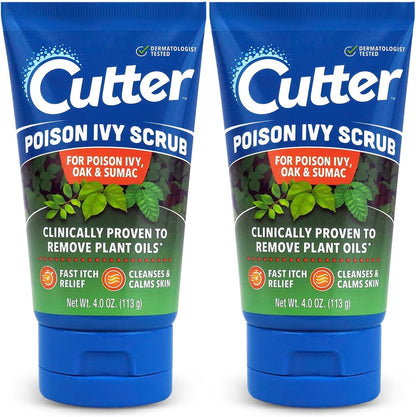 Cutter Poison Ivy Oak and Sumac Scrub front view bottle for soothing skin care.