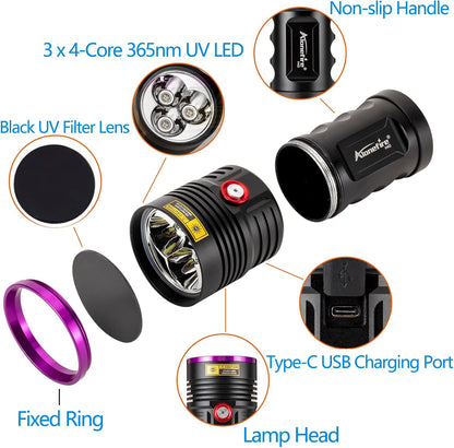 Rechargeable ultraviolet flashlight showing the USB Type-C charging port interface.