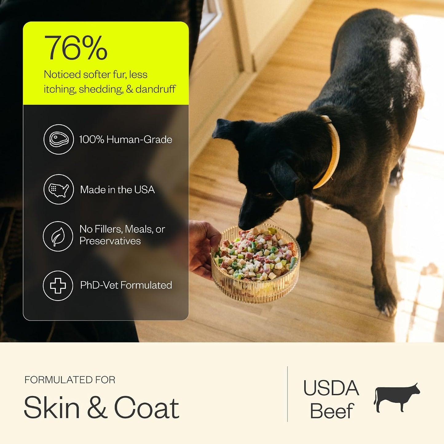 Maev beef dog food packaging for skin and coat support