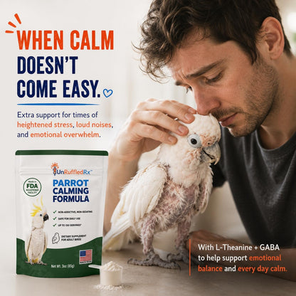 UnRuffledRx avian calming formula powder container detailing L-Theanine and GABA active ingredients